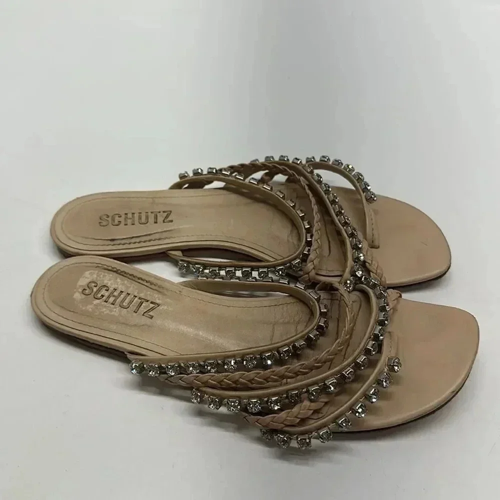 Schutz Sandals Slides Flats Jeweled Embellished Braided Leather Tan Brown Size 6